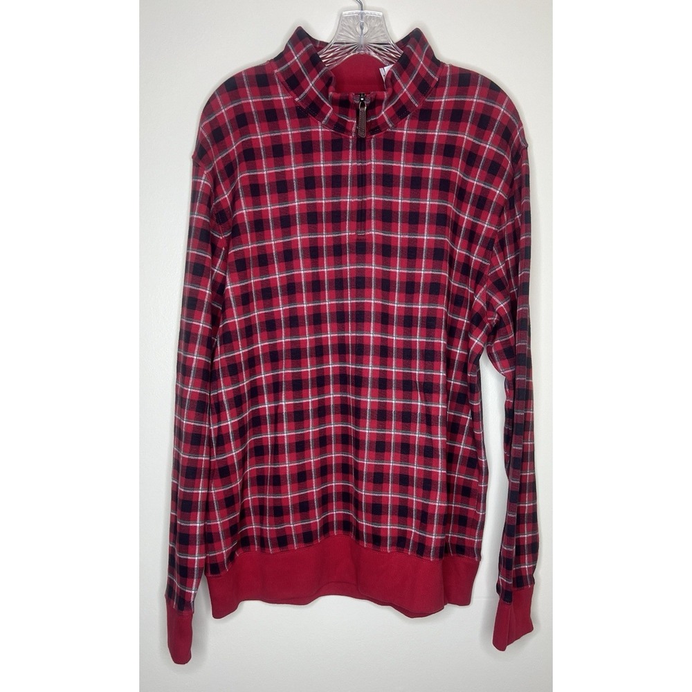 Lands End Bedford Rich Red Field Checked 1/4 Zip Sweater Men's L 42-44 New